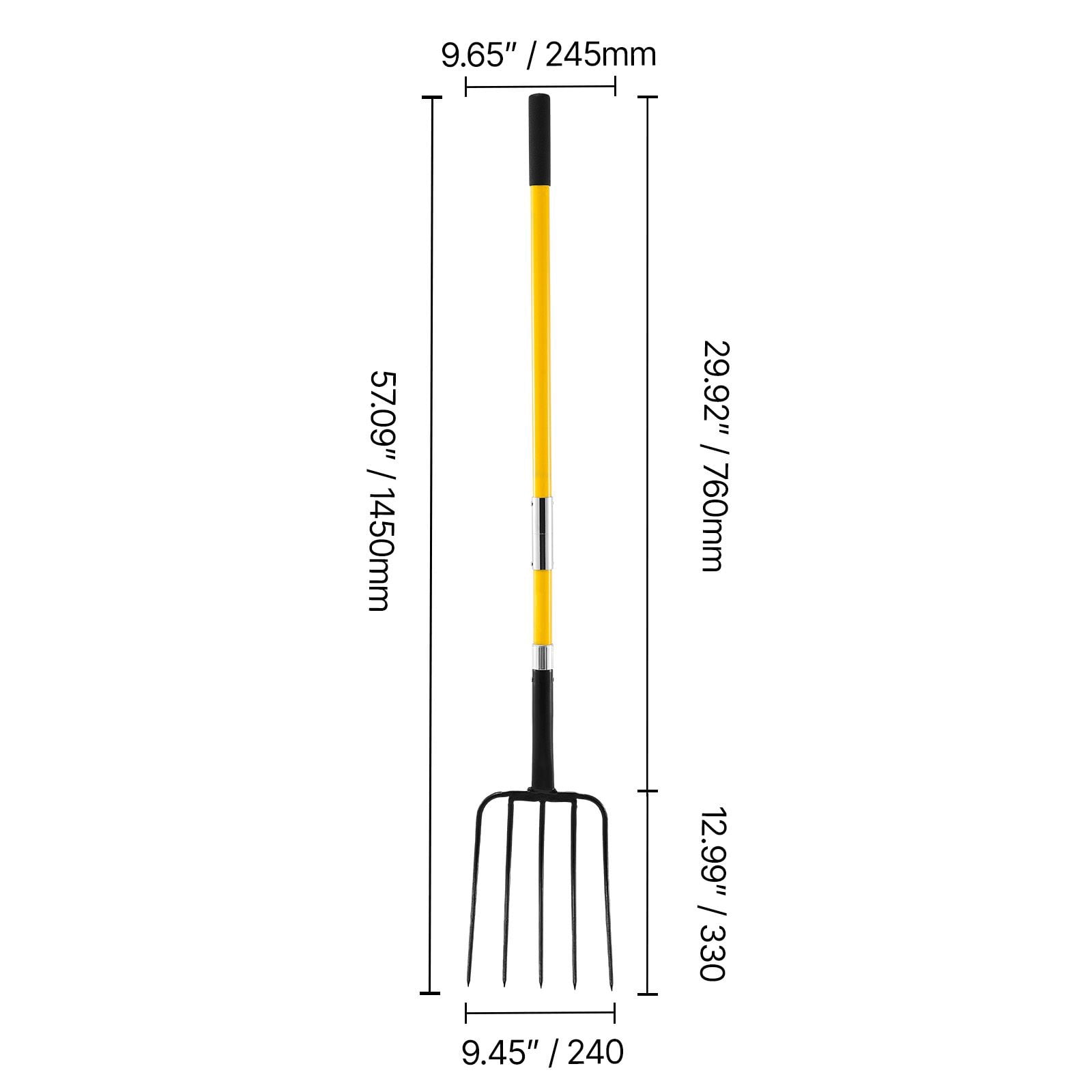 57" Heavy Duty Garden Fork with Fiberglass Handle, Reinforced Connection, Non-Slip Y-Shaped Grip, 5-Tine Pitchfork for Leaves Mulch Hay Straw