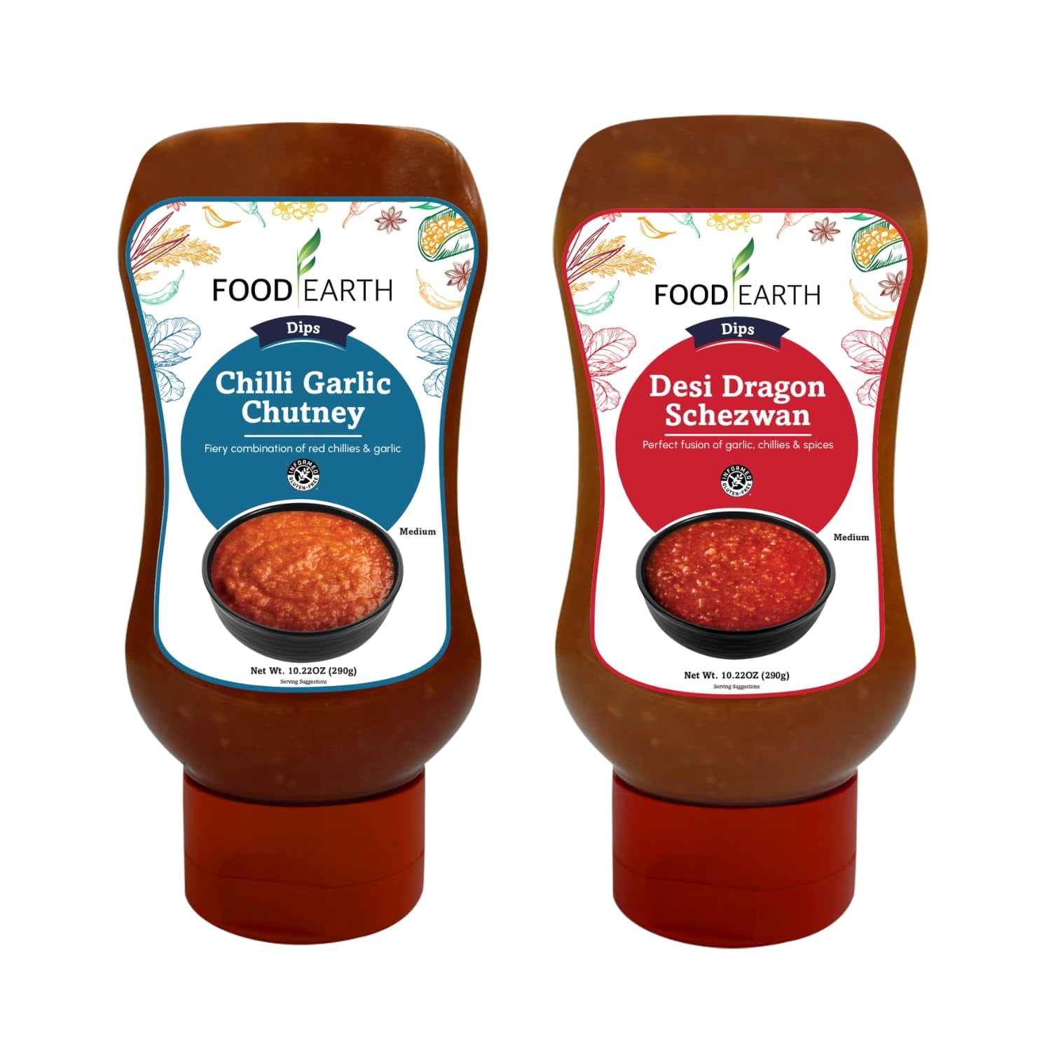 Food Earth Chilli Garlic Chutney & Desi Dragon Schezwan Sauce 2-Pack Vegan & Gluten-Free Indian Dips