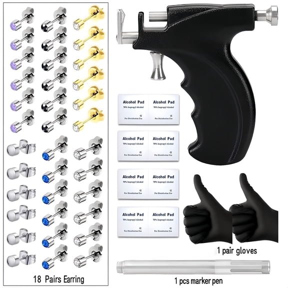 EXLEAF Ear Piercing Gun Kit with 18 Pairs of Diamond Stainless Steel Stud Earrings and 8 Alcohol Pads Cartilage Piercing Kit