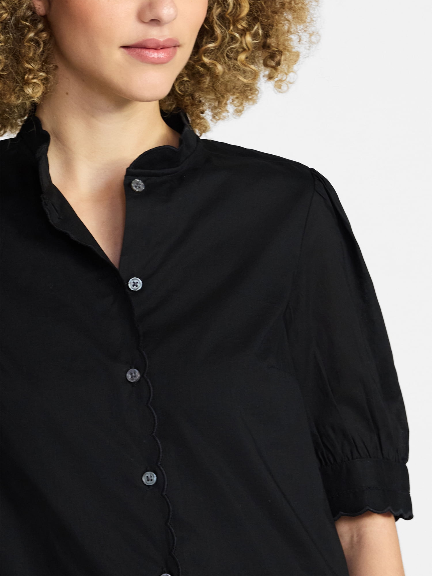 Time and Tru Women's Cotton Scalloped Edge Blouse with Short Sleeves, Sizes XS-XXXL