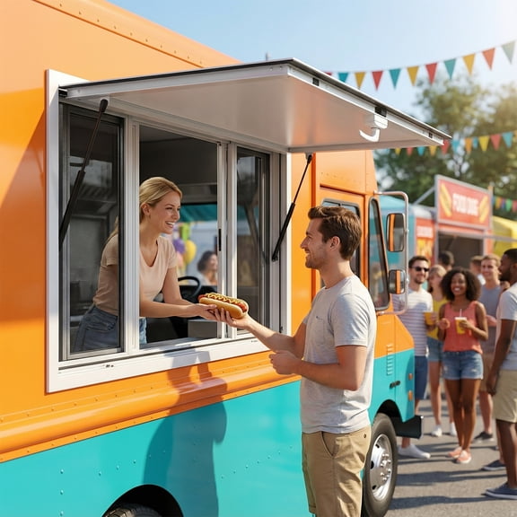 Peakora 45*30 in Concession Window for Food Trucks Food Truck Service Window with 4 Sliding Screen Windows & Awning Door & Drag Hook Ideal for Outdoor Operations Silver