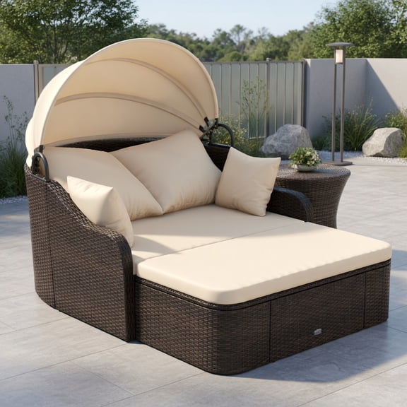 Topcobe Patio PE Rattan Daybed with Retractable Canopy and Soft Cushions, Outdoor Patio Furniture for Garden Backyard Pool Deck-Beige