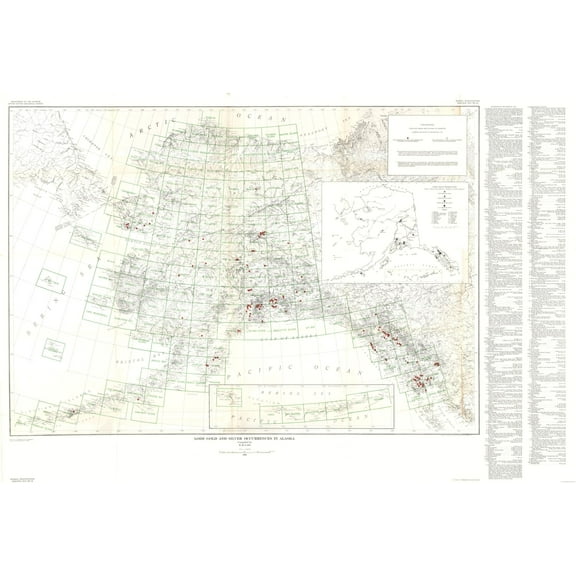 Historic Mine Map - Alaska Gold Silver Occurrences - Cobb 1946 - Vintage Wall Art