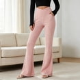 thumbnail image 2 of QIYAGBSA Crossover Flare Pants for Women Ribbed High Waisted Bell Bottom Bootcut Stretch Solid Trousers with Side Pockets Office Casual Fall, 2 of 5