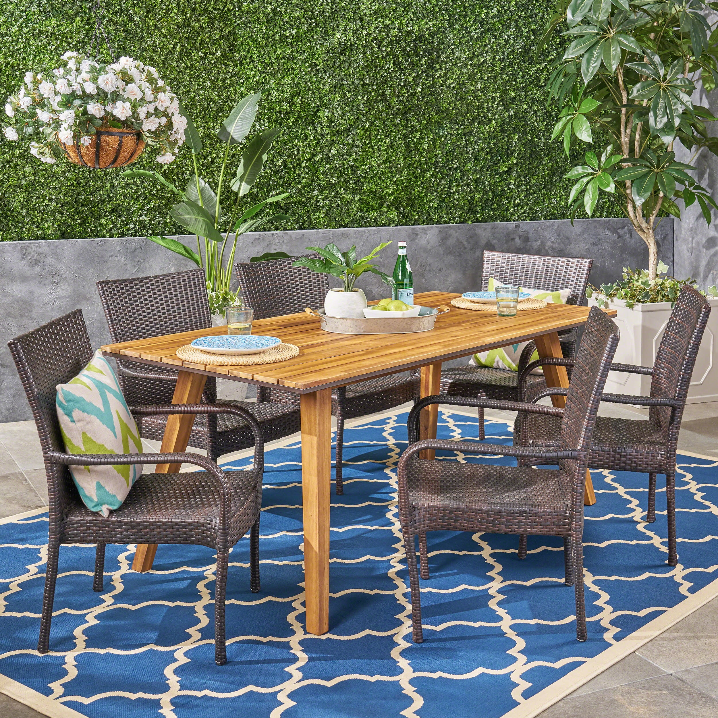 Faulds 7 Piece Outdoor Dining Set with Wood Table and Wicker Chairs Natural Stained Multi brown Walmart