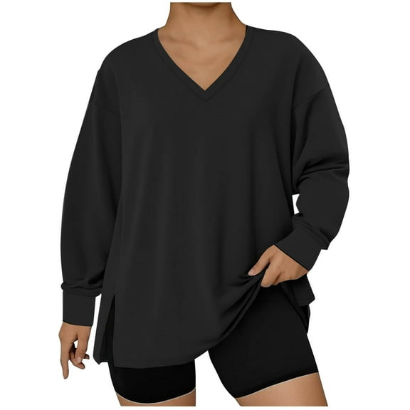 ShomPort Womens Sweatshirt Plus Size V-Neck Side Split Long Sleeve Pullover Solid Color Sports Trendy Hoodies