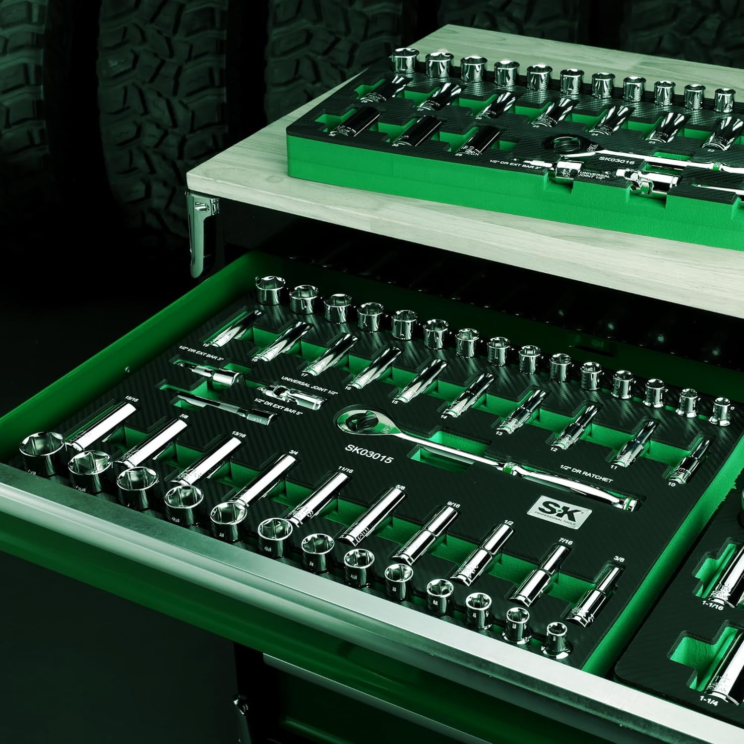 SK 1/2" Drive Socket Set with 160-P Ratchet, 52-Piece, SAE & Metric, SuperKrome Finish, Preminum CR-V Construction, with EVA Foam Tool Organizer