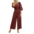 thumbnail image 3 of Women'S 3/4 Sleeve Jumpsuits Rsquare Neck Dressy Rompers Lace-Up High Waist Straight Casual Leg Bodysuits Black,Beige,Brown S,M,L,XL, 3 of 7