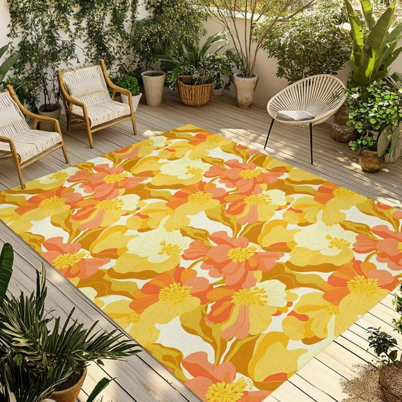 Fsddascl Orange Flowers Outdoor Rug for Patio/Deck/Porch, Non-Slip Large Area Rug 6 x 9 Ft, Vintage Floral Country Rustic Pastoral Indoor Outdoor Rugs Washable Area Rugs, Camping Rug Carpet