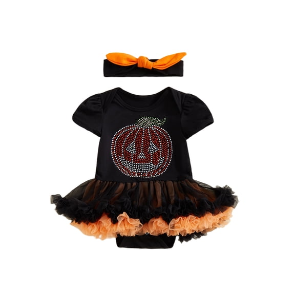 BemeyourBBs Baby Girl Halloween Set Rhinestone Pumpkin Tulle Romper Dress Headband