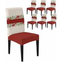 Chair Covers for Dining Room Set of 6,Christmas Red Poinsettia Floral Berry Plaid Stretch Seat Protector Removable Washable Chairs Slipcovers for Kitchen Banquet Wedding Hotel,Green Leaf on White