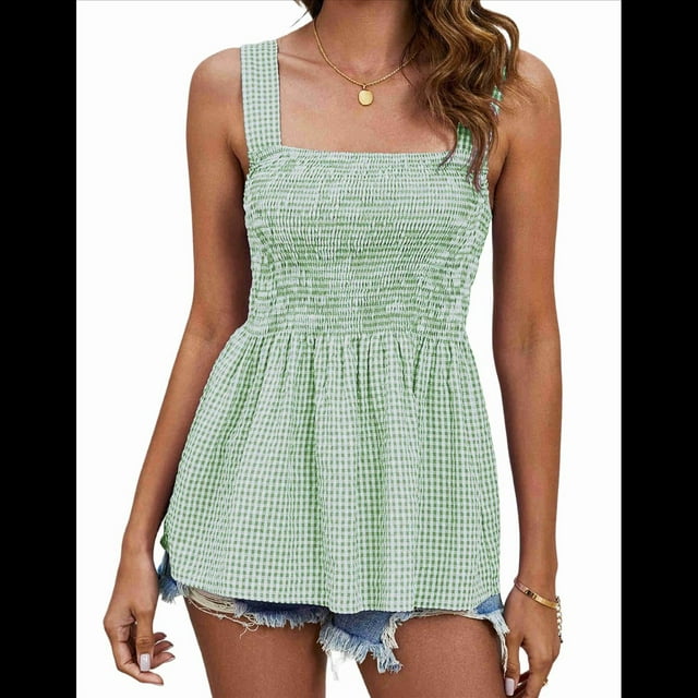 Camisetas Sin Mangas para Mujer, Blusas de Verano A con Fruncido, Camisetas Sin Mangas con Cuello Cuadrado, Camisa Babydoll Verde L