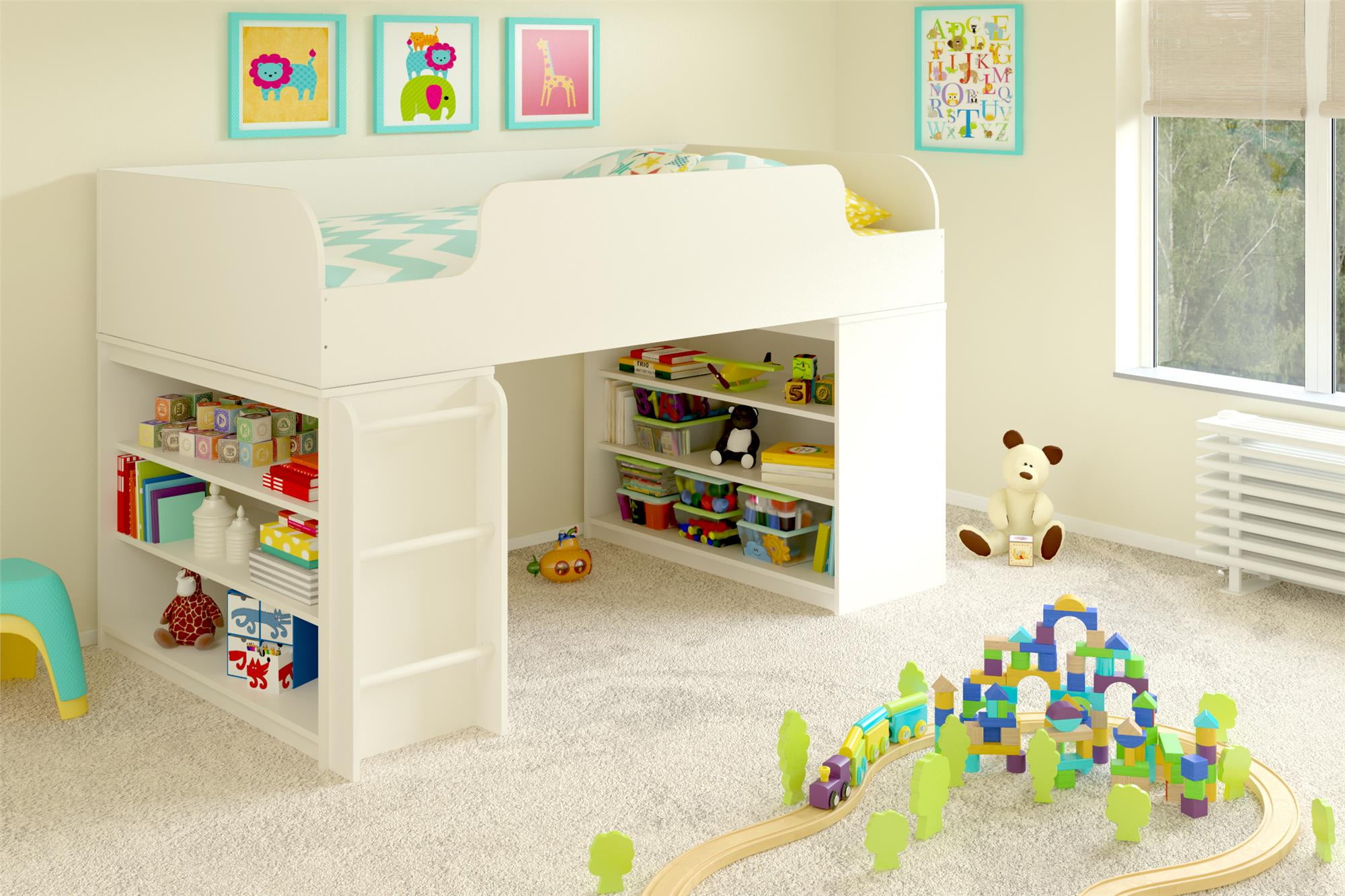 Lulu White Twin Loft Bed W/Storage Bookcase atelieryuwa.ciao.jp