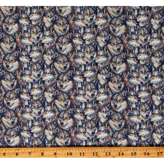 Cotton Wolves Wolf Faces Wildlife Animals Full Moon Navy Cotton Fabric Print by the Yard (90807-49)
