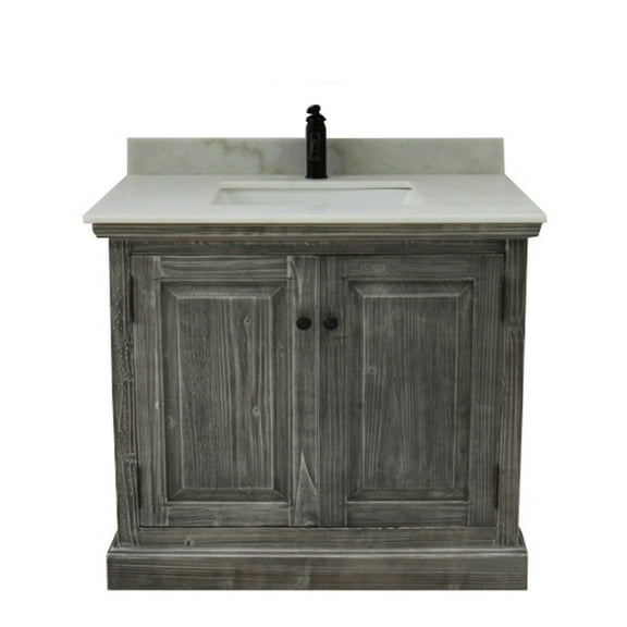 36" RUSTIC SOLID FIR SINGLE SINK VANITY IN GREY DRIFTWOOD WITH ARCTIC PEARL QUARTZ MARBLE TOP-NO FAUCET
