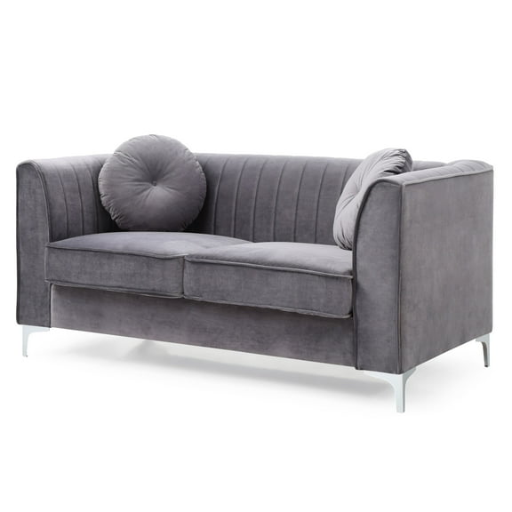 Contemporary Home Living Velvet Microsuede Channel Tufted Loveseat with Throw Pillows - 65" - Gray
