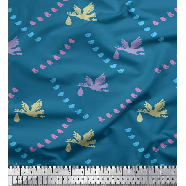 Soimoi Rayon Fabric Small Bird,Fish & Heron Bird Printed Fabric 1 Yard 42 Inch Wide