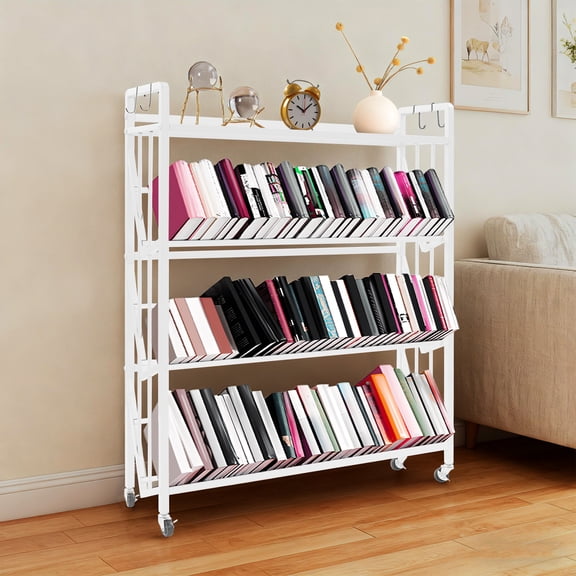 4-Tier Rolling Book Cart, Large Capacity Bookshelf Storage Rack, Mobile Book Storage with Wheels Cart 90*25*112cm White