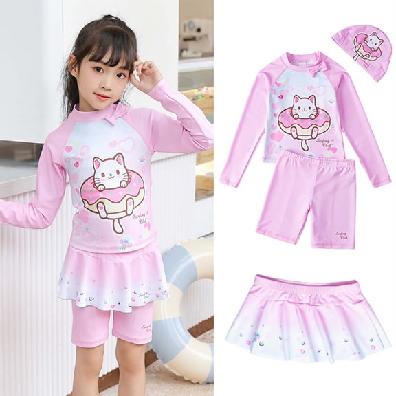 Baby Girl Swimsuit Kids Long Sleeve Cartoon Cat Print 4 Piece Swimsuit Set with Cap Toddler Girl Bathing Suit Pink 3-4 Years