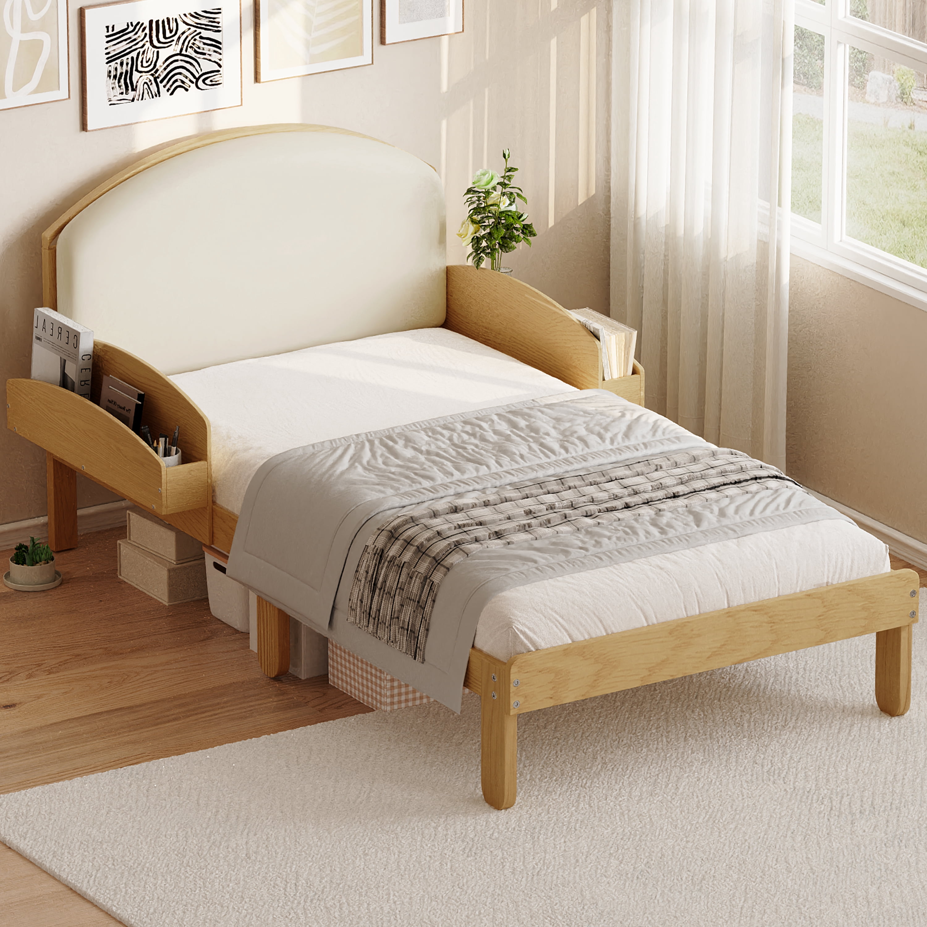 Euroco Twin Size Platform Bed with Upholstery Headboard, Wood Bed Frame with Storage Shelves, No Box Spring Needed, Natural