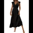 thumbnail image 2 of Vestido de Verano para Mujer, Elegante, con Escote en V, Volantes, Mangas Sueltas, Cintura Plisada, para Invitada de Boda. Negro XL, 2 of 7