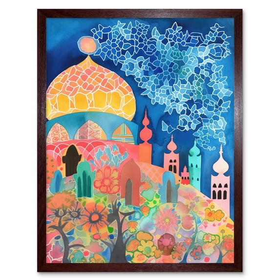Islamic Mosque At Night Folk Art Watercolour Painting Art Print Framed Poster Wall Decor 12x16 inch
