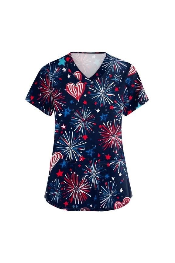 4Th Of July Outfits For Women, Scrub Tops Plus Size V Neck Short Sleeve Workwear With Pockets Red White And Royal Blue American Flag Top Medical Scrubs Pride Outfits Tank (L, Dark Blue) ZMTing