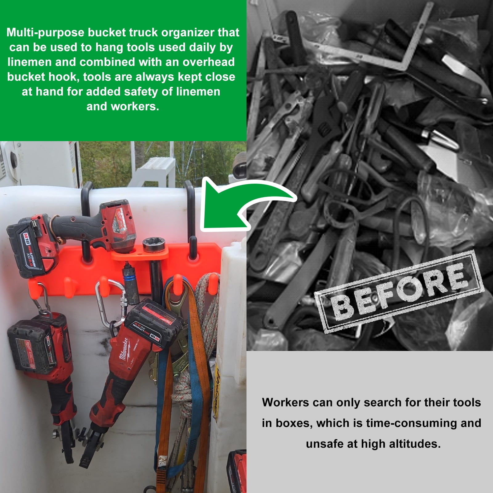 RYANSTAR RACING Lineman Tool Board Bucket Truck Tool Organizer for Bucket Trucks and Lineman Line Work Bucket Accessories Including 2Pcs 2” Aerial Bucket Hooks and 2Pcs 3” Aerial Bucket Hooks