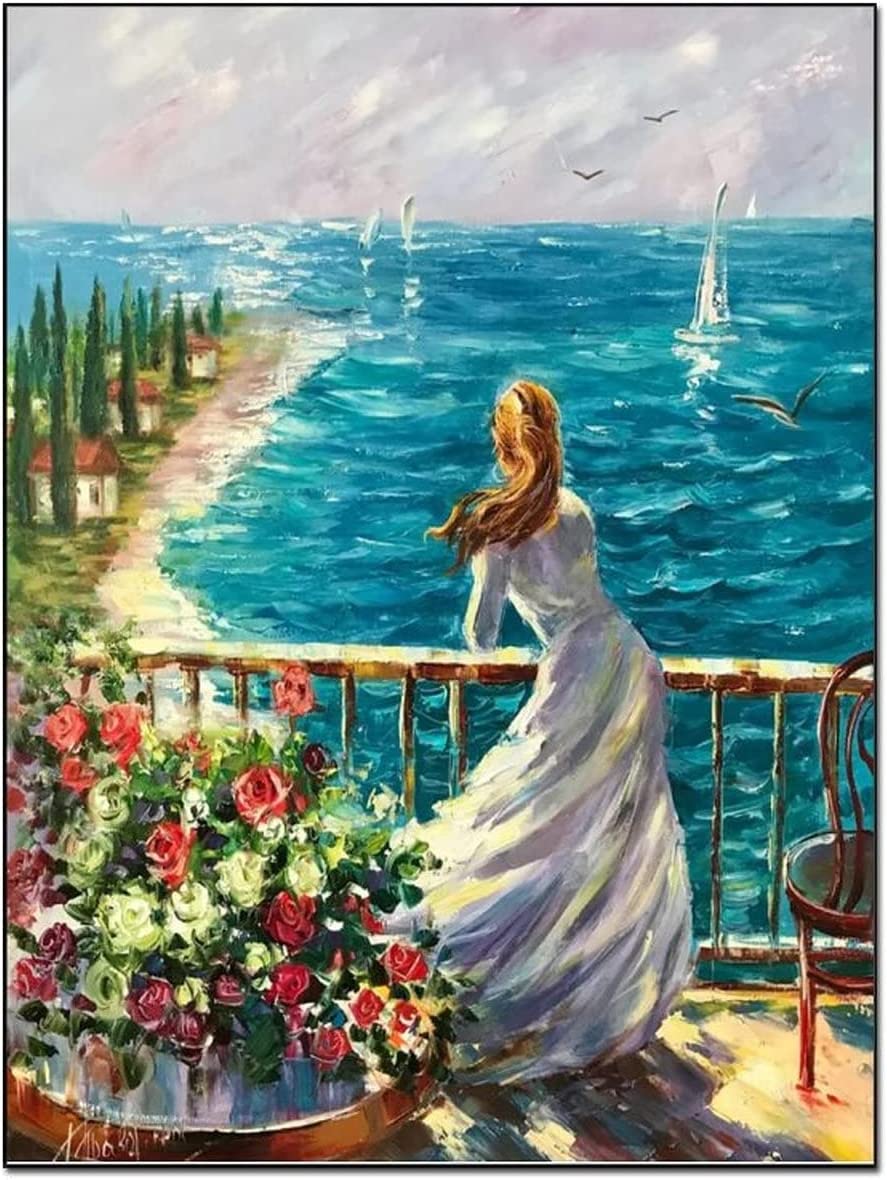 Woman by The Sea Oil Painting Dream Girl on The Beach Art Landscape