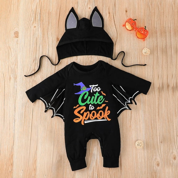 Herrnalise Toddler Kids Boys Girls Halloween Fashion Cute Funny Print Bat-sleeve Romper Jumpsuit Hat Suit, summer savings