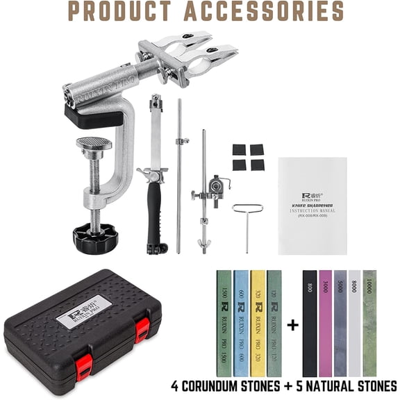 RX-009 Professional Knife Sharpener with 9 Whetstones, 360 °   Rotation Flip Design Fixed-Angle Aluminum Alloy Kitchen Chef Knife Sharpening Kit Abrasive Holding System Tools