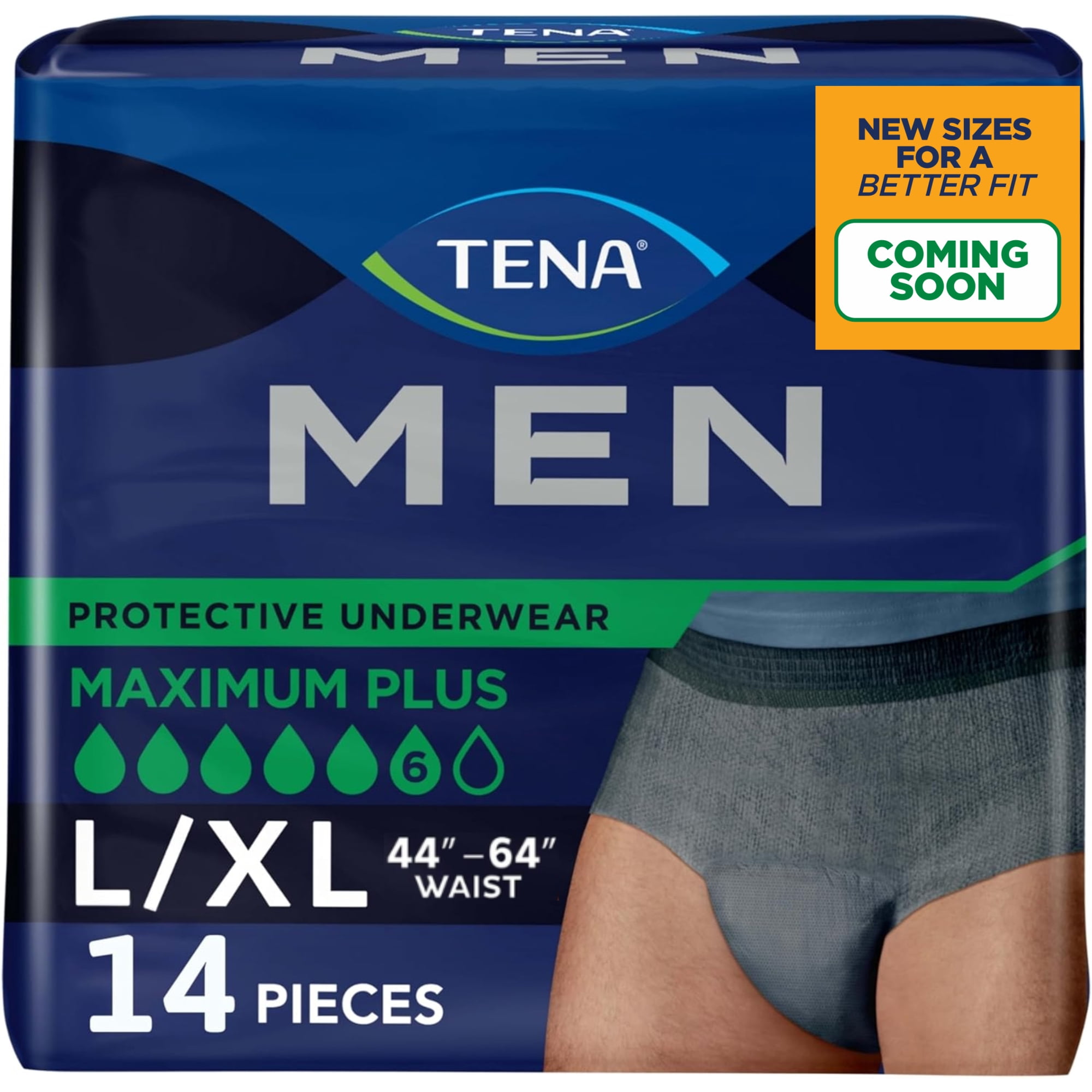 TENA Men Maximum Plus Underwear, Grey, L/XL, 14 Count (Waist size 44in to 64in)