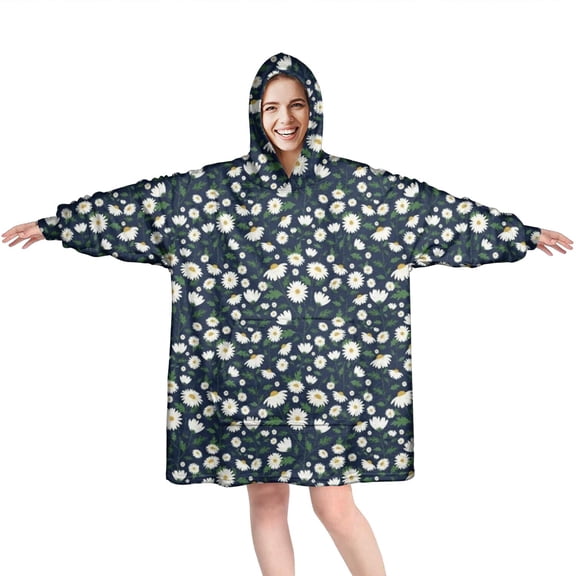 Navy Daisy Flower Floral Pattern Wearable Oversized Blanket,Wearable Blanket Hoodie for Adults,Cozy Hooded Blankets with Super Pockets,Super Warm Fuzzy Pullover for Women & Men