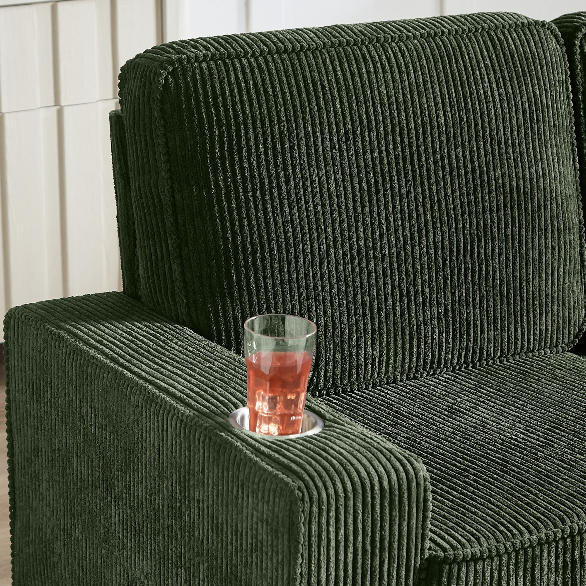 AENKYO 84" Modern Corduroy 3-Seater Sofa, Compressed Couch with Built-in Cup Holders & Washable Covers, Green