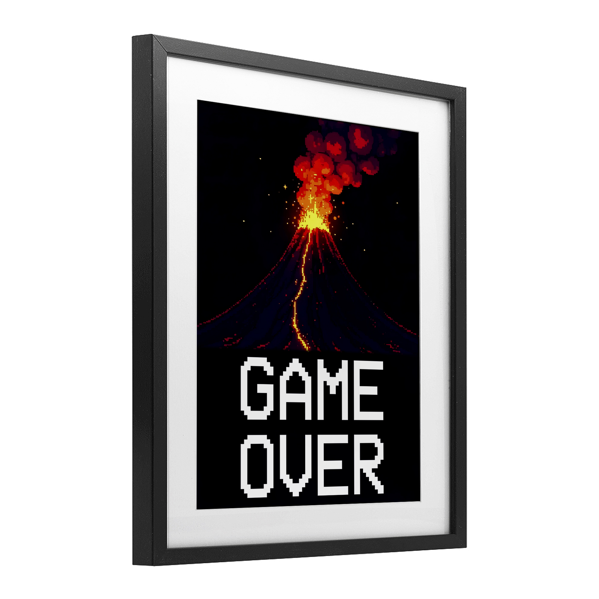 Pixel Volcano Game Over Black Framed Print Under Glass, design by Kim Allen