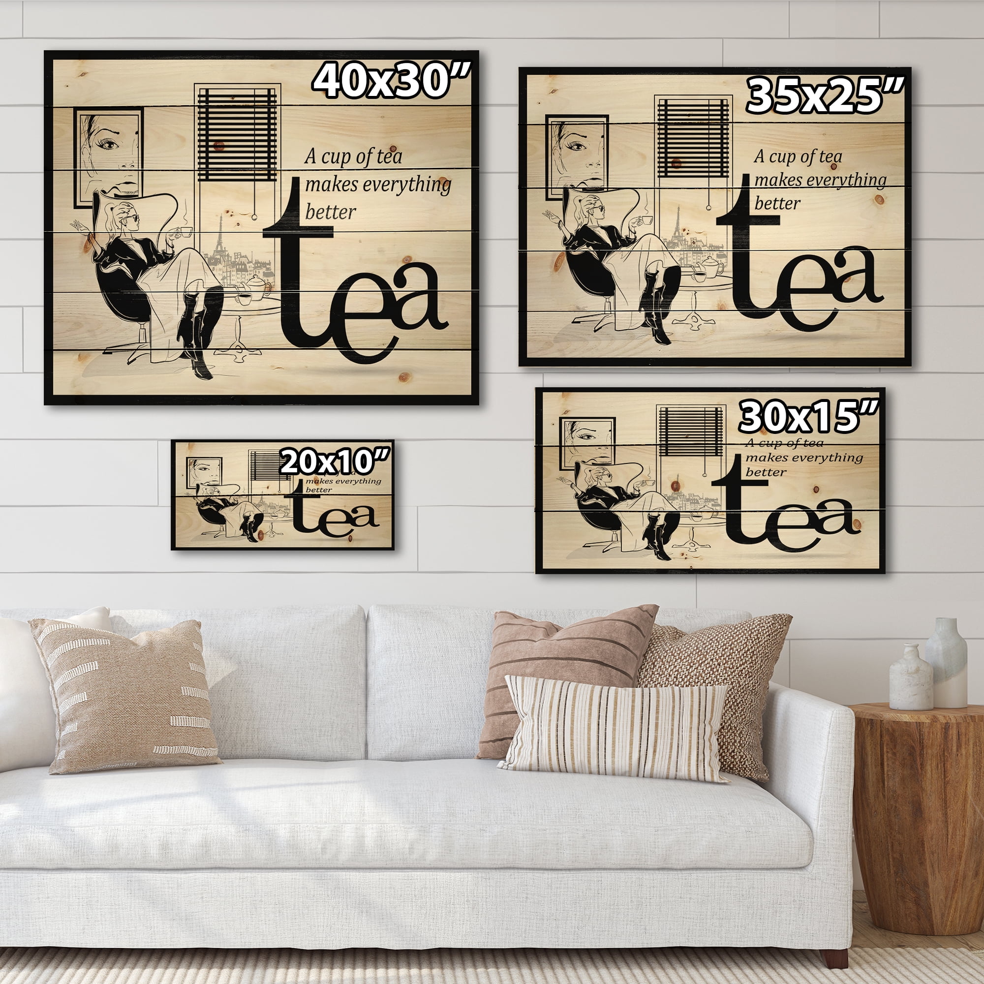 Designart 'Ancient Fashion Girl Drinking A Cup Of Tea' Vintage Print on Natural Pine Wood