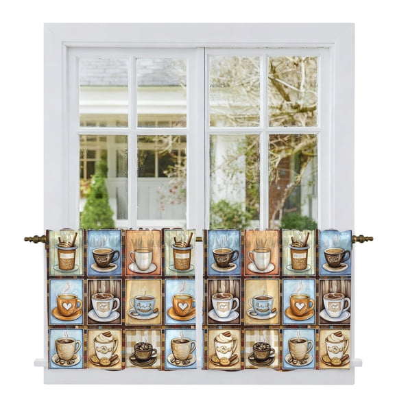 Watercolor Coffee Tier Curtains, Retro Coffee Patchwork Light Filtering Kitchen Curtains, 2Pcs Rod Pocket Half Window Treatments Panels for Sink Cafe Cabinet Camper 27.5x24 Inches