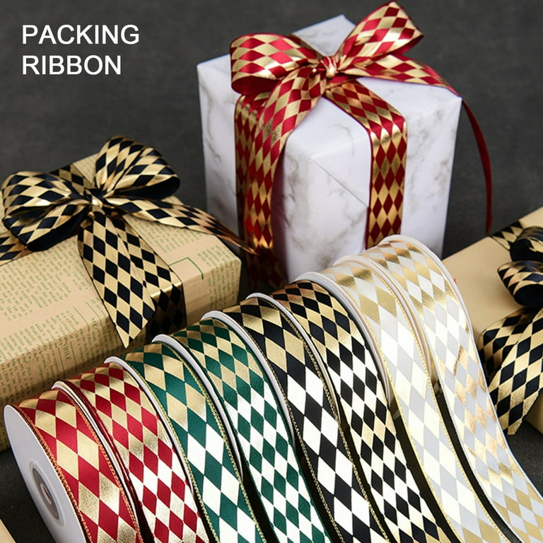 GROFRY Gift Ribbon Multipurpose Beautifully No Odor Rhombus Pattern  Bronzing Decorate Durable 2.5 Yards Christmas Wrapping Ribbon for Festival