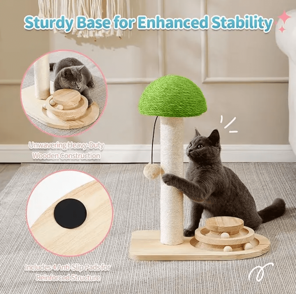 Cat Scratching Post, Mushroom Cat Scratcher with Sisal Ropes, Interactive Track Ball Toy, 2-in-1 Wood Scratch cattree