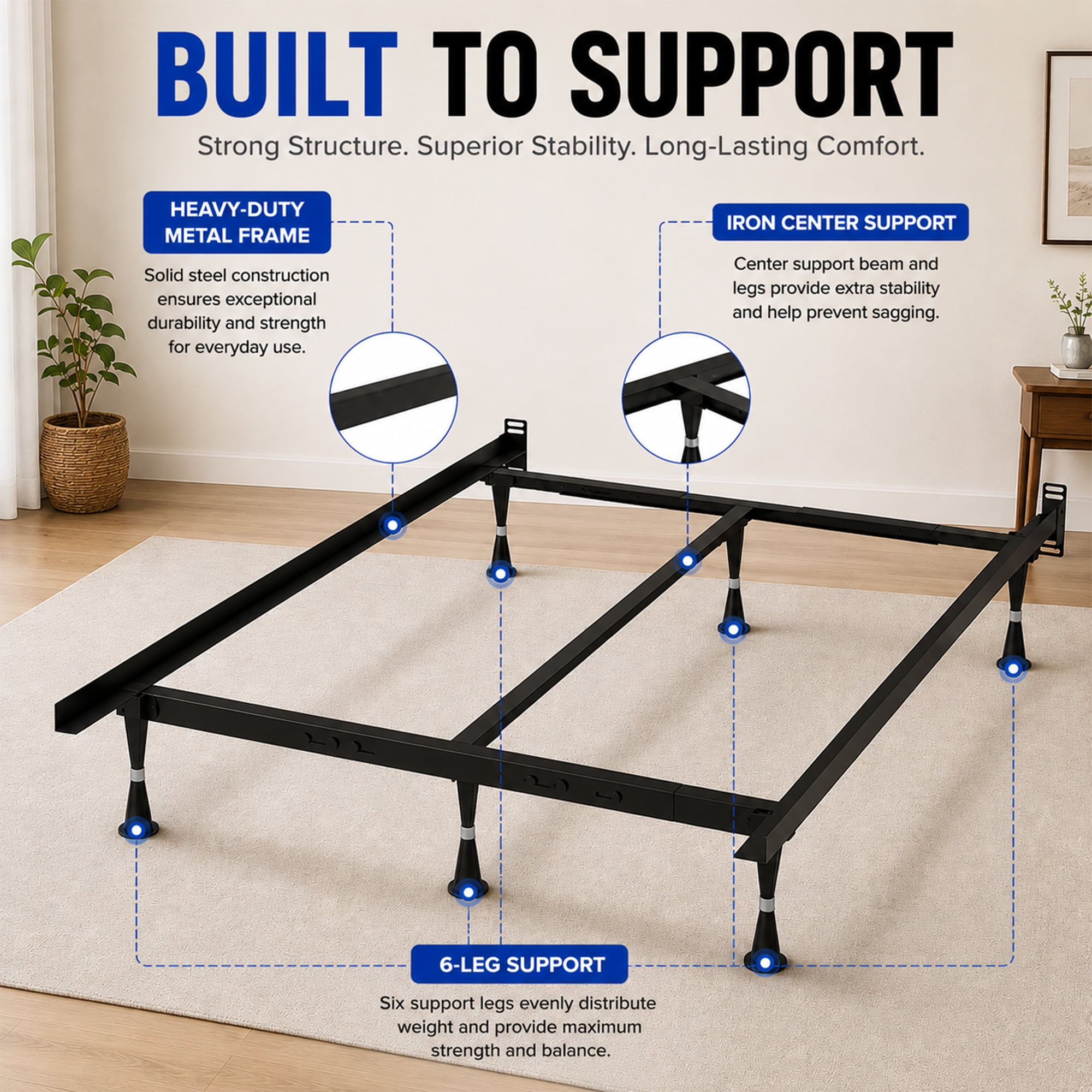 Continental Sleep, Advanced Metal Bed Frame for Box Spring and Mattress, Iron Center Support, Headboard Attachable, Noise-Free, Tool-Free Easy Assembly, 6-Legs Support, King, Black
