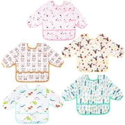 Lictin Long Sleeve Bibs,5 Pcs Waterproof Smock Baby Bibs for Toddler Boys Girls, 0-24 Months Neutral Baby Smock for Eating, Easy to Clean
