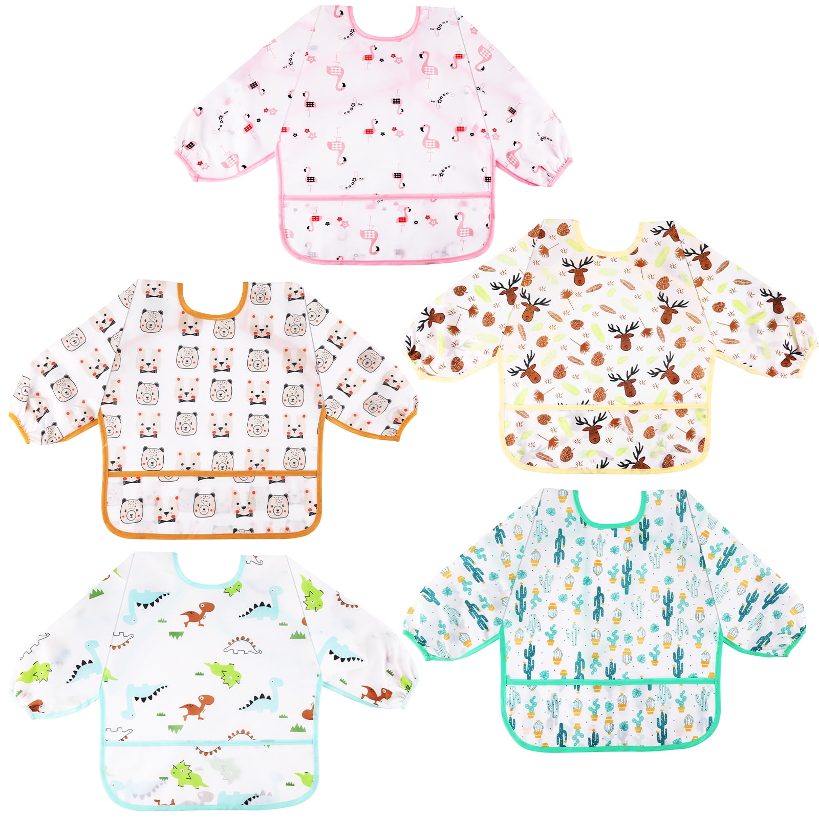 Lictin Long Sleeve Bibs,5 Pcs Waterproof Smock Baby Bibs for Toddler Boys Girls, 0-24 Months Neutral Baby Smock for Eating, Easy to Clean