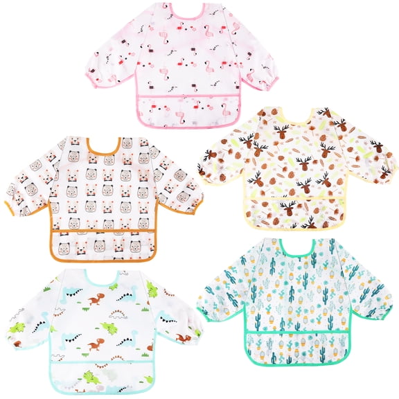 Lictin Long Sleeve Bibs,5 Pcs Waterproof Smock Baby Bibs for Toddler Boys Girls, 0-24 Months Neutral Baby Smock for Eating, Easy to Clean