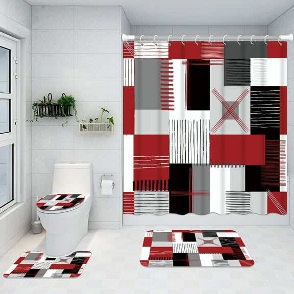 Shower Curtain Sets Bathroom Sets with Shower Curtain and Rugs Accessories with Non-Slip Rugs Toilet Lid Cover and Bath Mat,Red