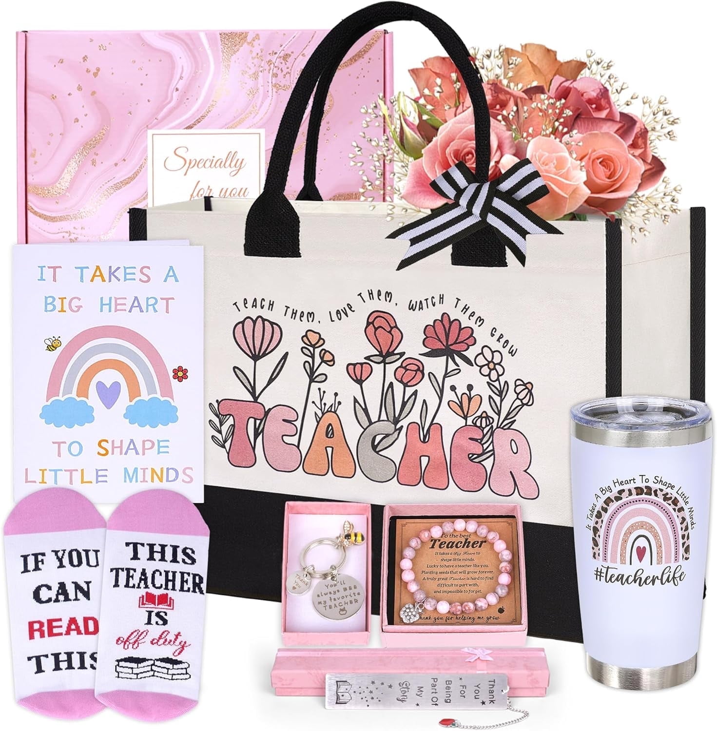 JTAMOHI Teacher Appreciation Gift Set - Includes Tumbler, Bracelet, Keychain & Card (Pink Themed) - View #13