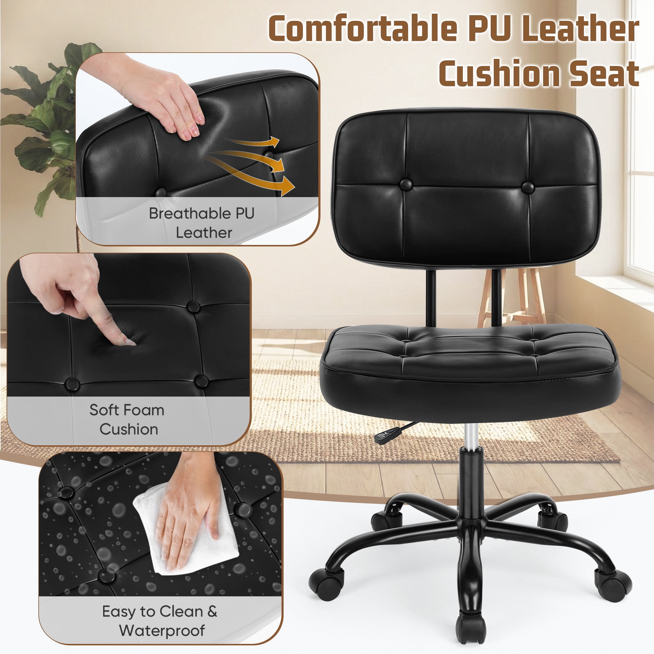 edx Height Adjustable Office Desk Chair, Low-Back Lumbar Support Rolling Work Swivel Task Chair with Wheels for Home Office Bedroom, Black