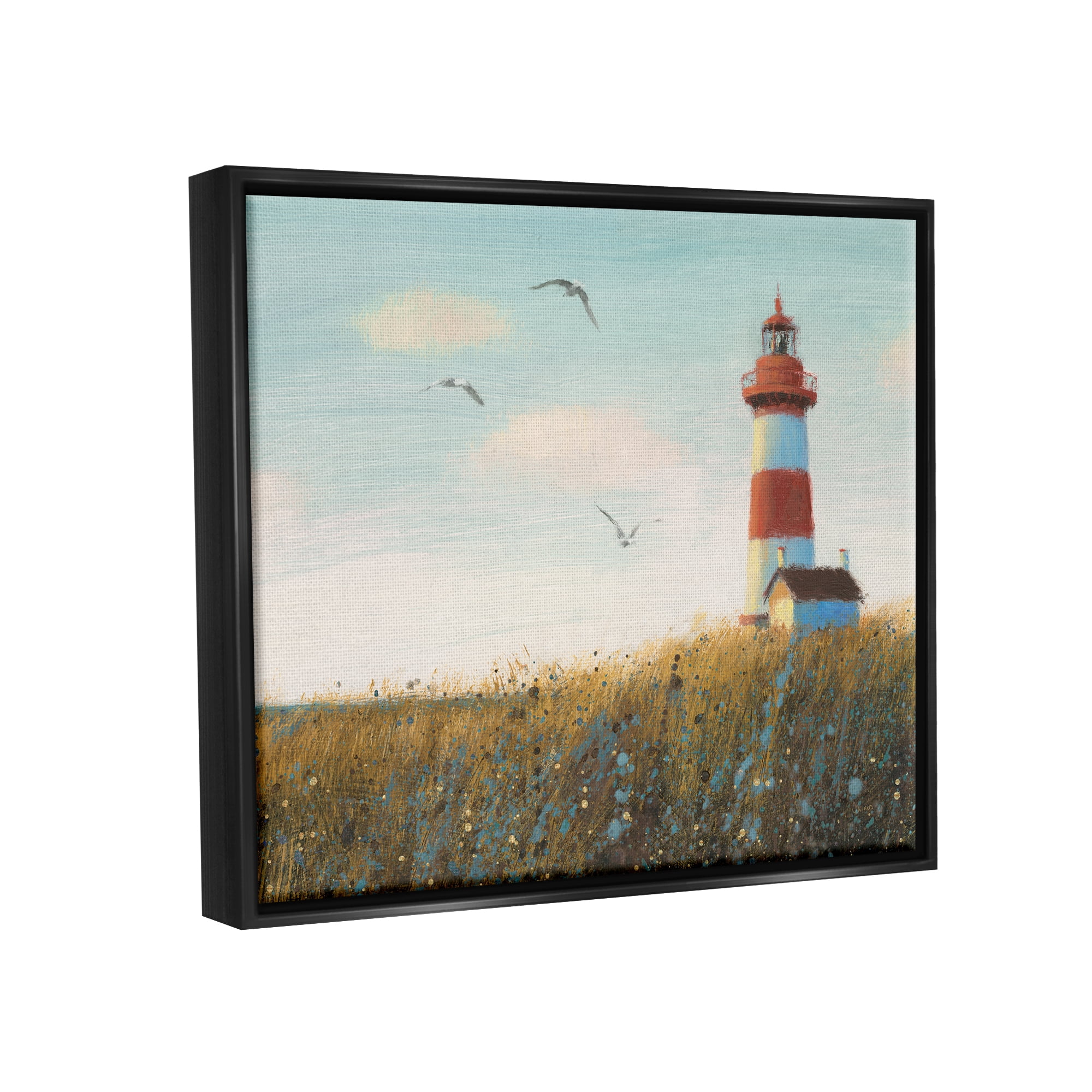 Stupell Industries Coastal Lighthouse Painting Nature Painting Black Floater Framed Art Print Wall Art, 21 x 17