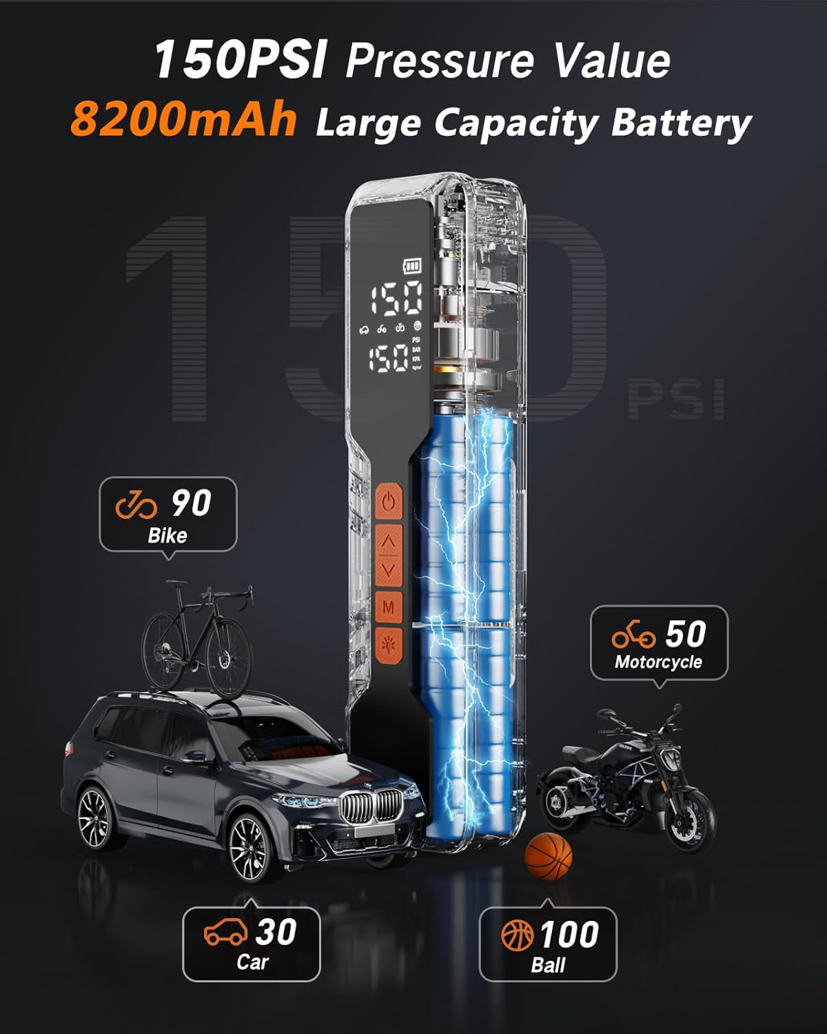 Tire Inflator Portable Air Compressor 150PSI, 4X Fast Electric Tire Pump, Air Pump for Car Tires with Digital Pressure Gauge/LED Light/Power Bank, Bike, Motorcycle, Ball, Car Accessories
