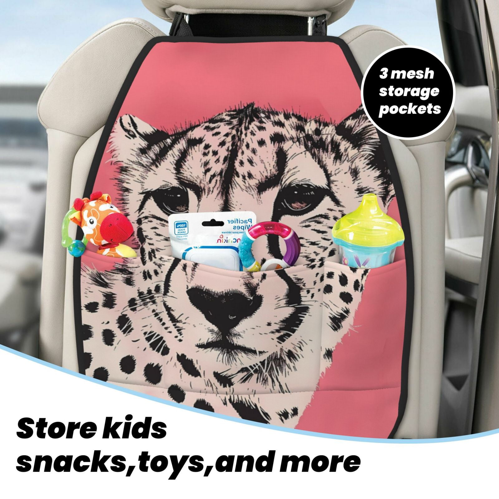 Xecao Pink Cheetah Art Pattern Car Seat Back Protector 2 Pack Large Capacity Pocket, Kick Mats Back Seat Protector