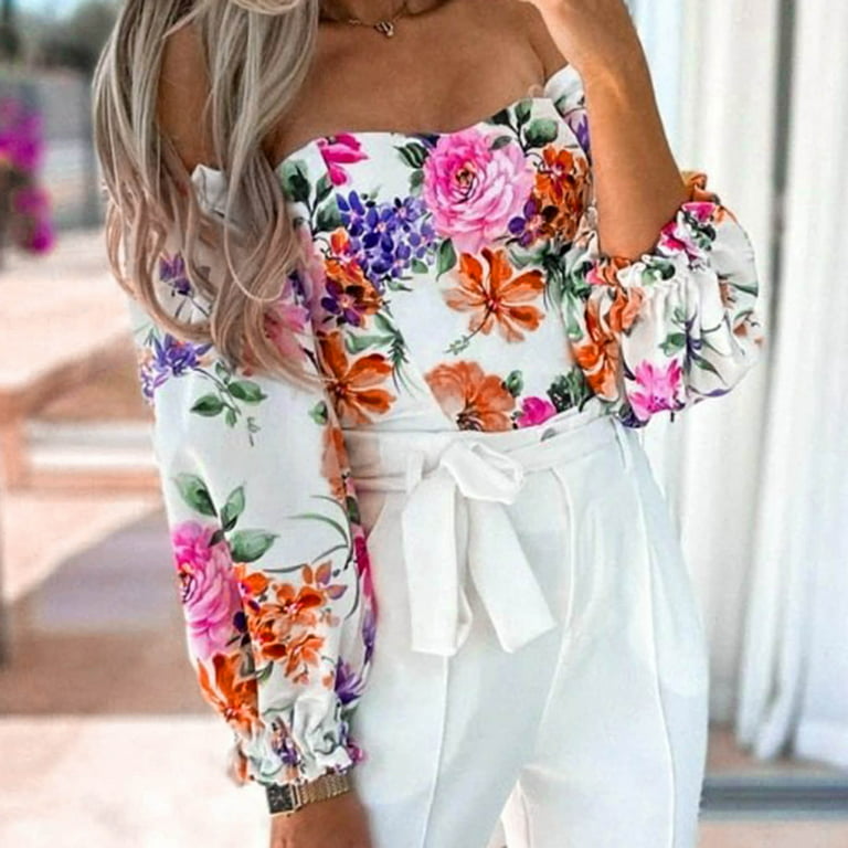 Athletic Tops for Women Long-Sleeves Floral Print Tunic Boho